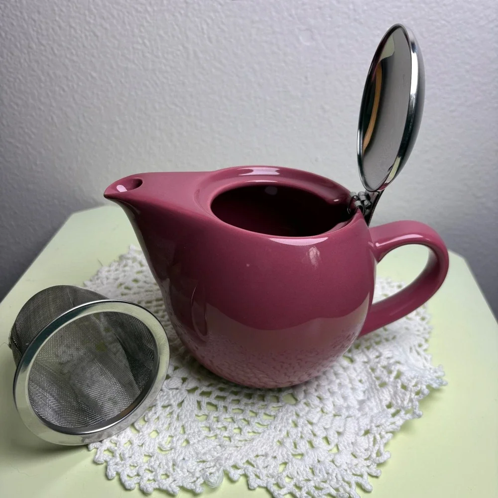 HuesNBrews Pink Personal Teapot Modern Minimalist Ceramic Stainless Steel